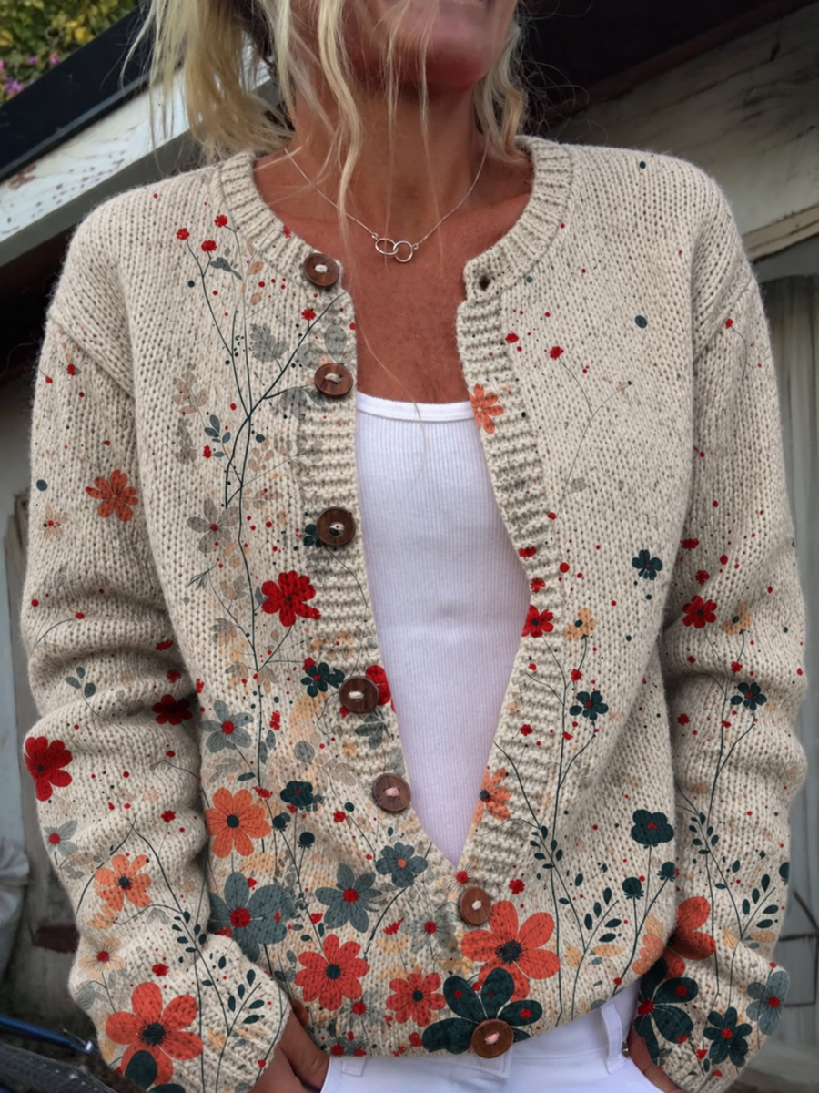 VESTE VINTAGE EN TRICOT AVEC MOTIF FLORAL ET BOUTONS
