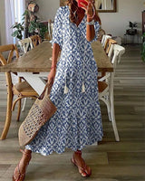 Robe longue col V en imprimé avec demi-manche