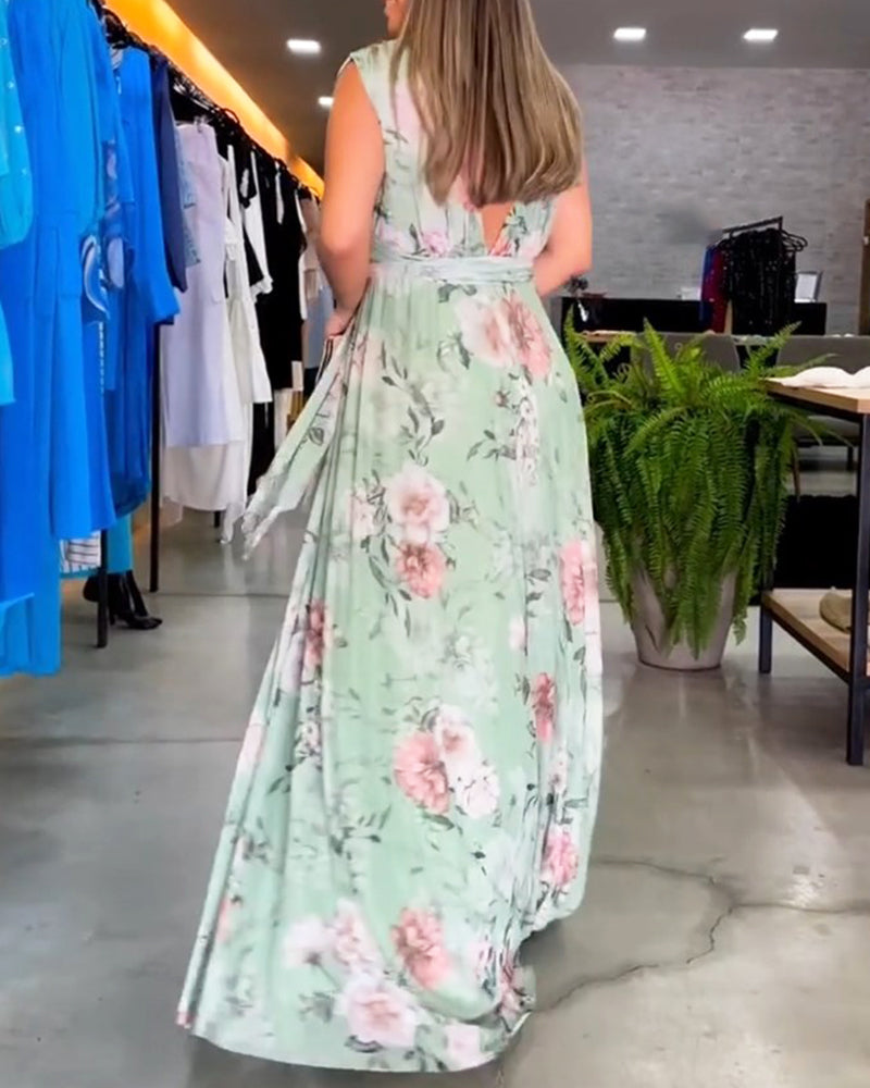 Robe élégante sans manches à col en V et imprimé floral