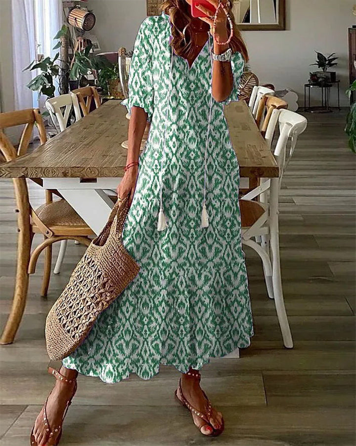 Robe longue col V en imprimé avec demi-manche