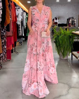 Robe élégante sans manches à col en V et imprimé floral