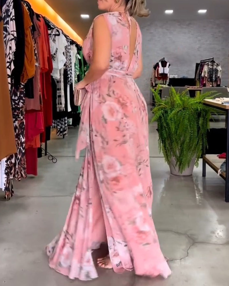 Robe élégante sans manches à col en V et imprimé floral