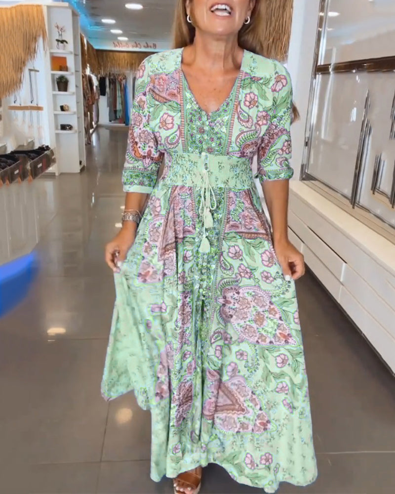 Robe de vacances à col en V et manches 3/4