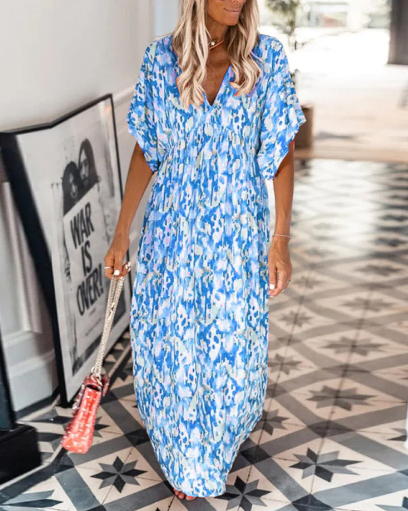 Robe tendance à col en V imprimée à manches courtes