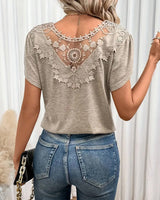T-Shirt Couleur Unie Patchwork En Dentelle