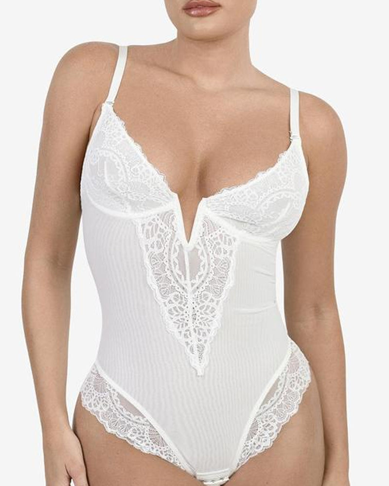 Bodysuit Décolleté Profond En V Et Dentelle Gainante