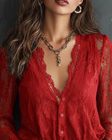 Blouse À Manches Longues En Dentelle Avec Col En V