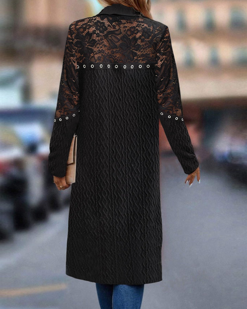 Manteau élégant en dentelle creuse de couleur unie