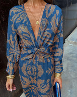Robe élégante à manches longues et col en V imprimé vintage
