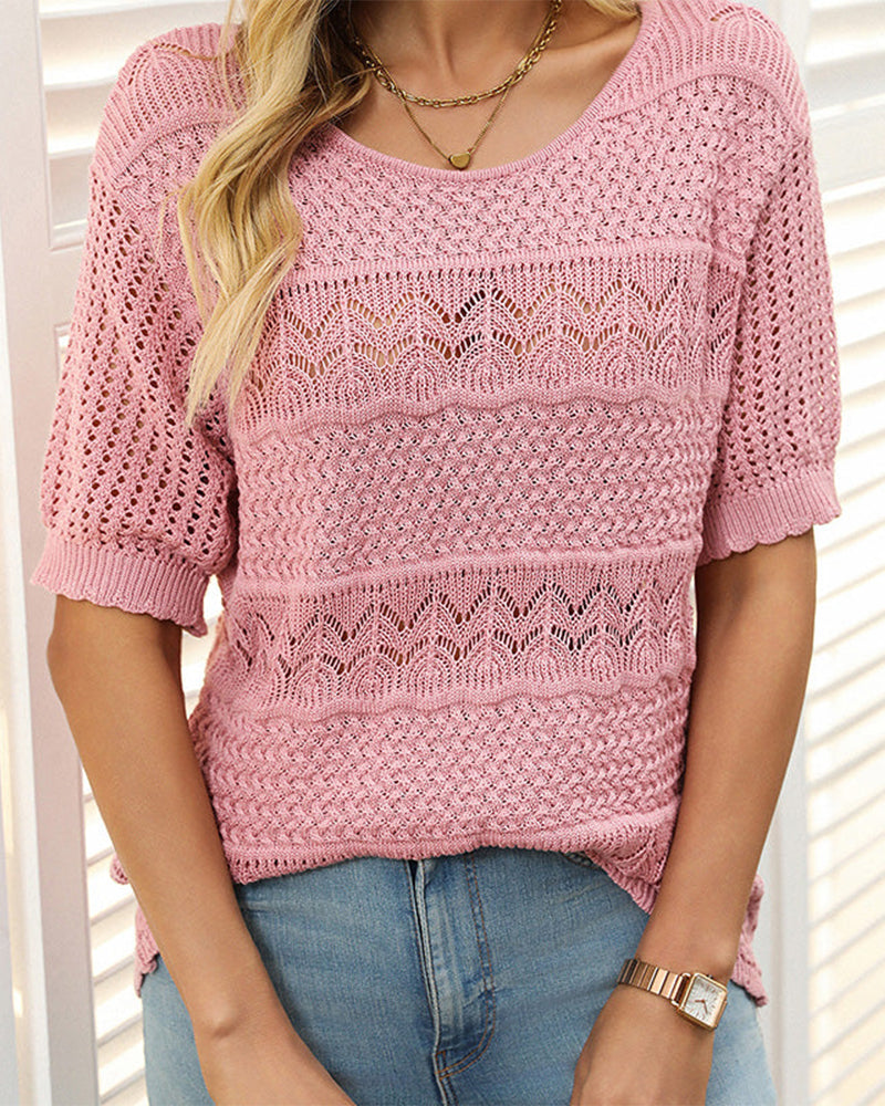 Pull À Manches Courtes En Maille Crochetée Ajourée Et Col Rond Pour Femmes