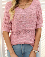 Pull À Manches Courtes En Maille Crochetée Ajourée Et Col Rond Pour Femmes