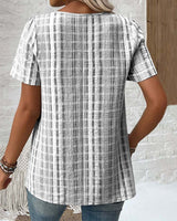 T-shirt décontracté col V à carreaux rayés