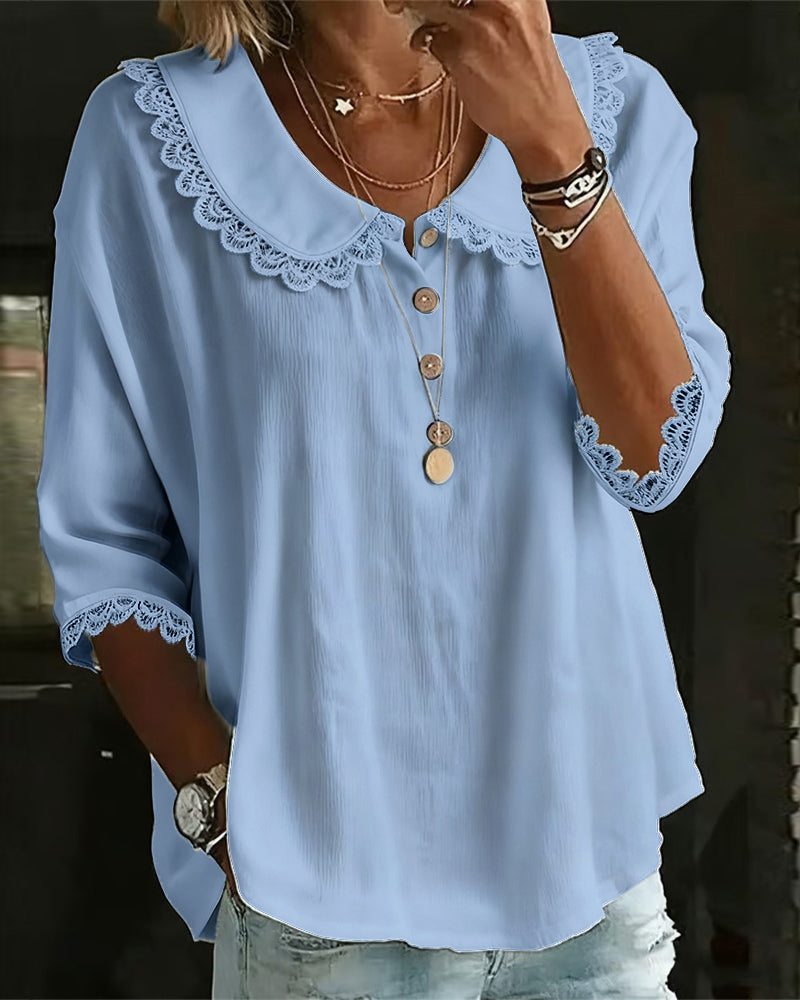 Blouse Dentelle Insérée Col Claudine