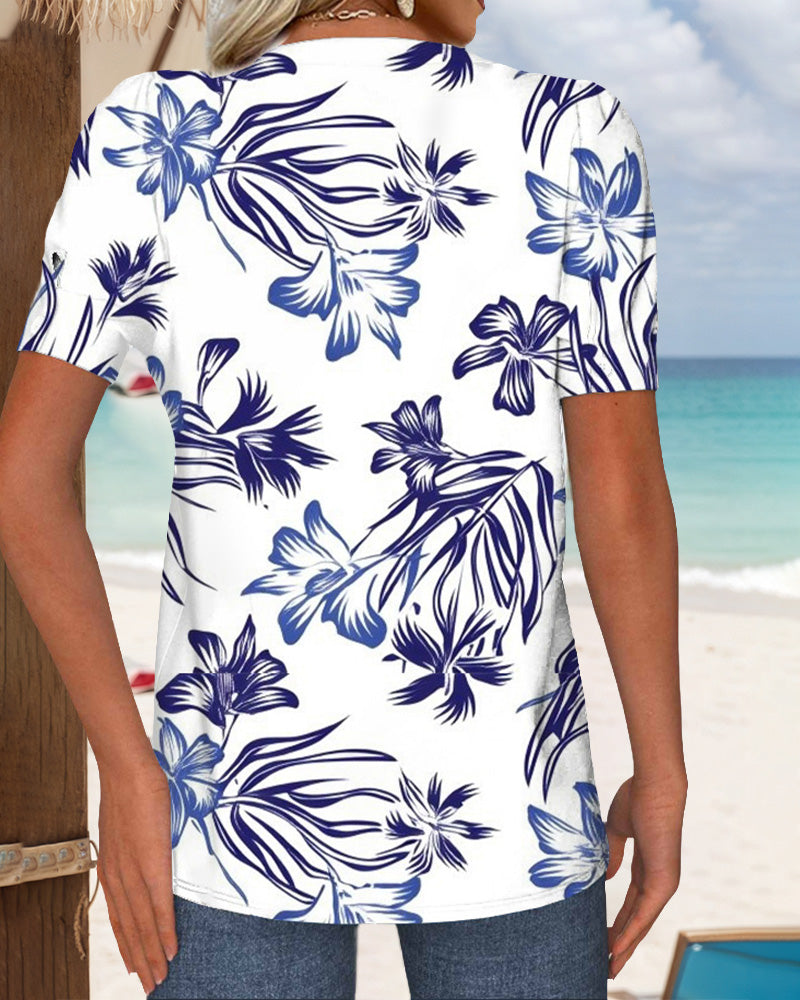 T-Shirt Col Rond Imprimé Fleuri Tricoté