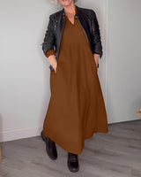 Robe élégante à col en V et manches longues