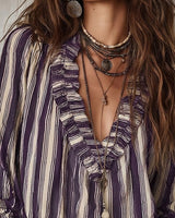 Blouse Profond Col V Rayures Verticales Loose