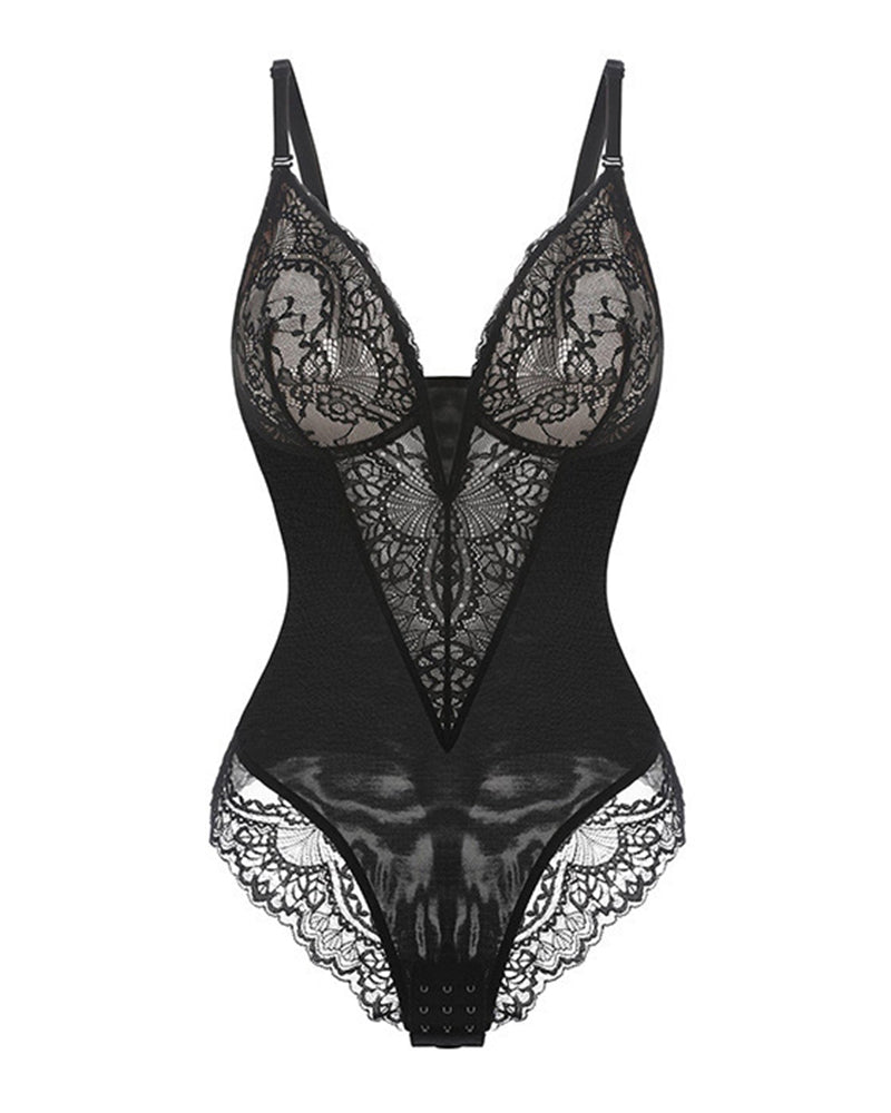 Bodysuit Décolleté Profond En V Et Dentelle Gainante