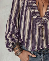 Blouse Profond Col V Rayures Verticales Loose