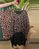 T-Shirt Imprimé Léopard À Paillettes Manches Chauve-Souris