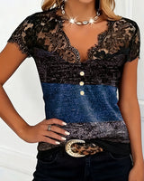 T-Shirt Col V Dentelle Patchwork Contraste Couleur