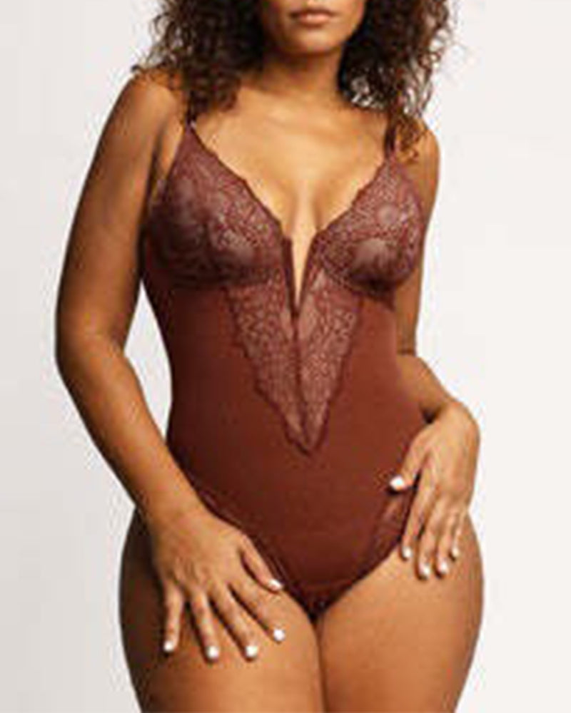 Bodysuit Décolleté Profond En V Et Dentelle Gainante