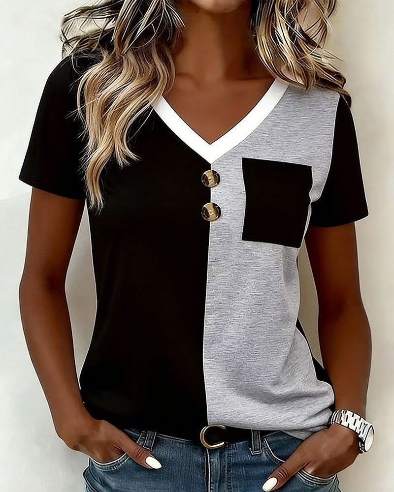 T-Shirt Col V Contraste Poche