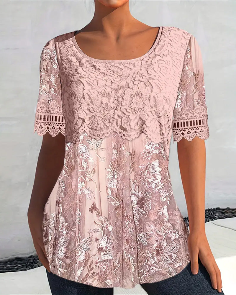 T-shirt Large Col Manches Courtes Dentelle Patchwork