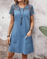 Robe de poche de couleur unie avec manches courtes en dentelle creuse