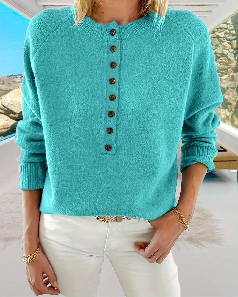 Pull décontracté à simple boutonnage de couleur unie