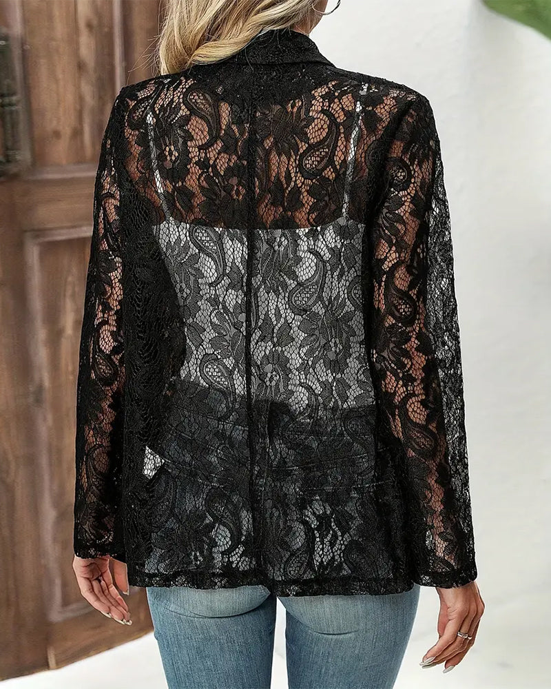 Manteau élégant à revers en dentelle florale de couleur unie