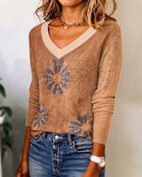 Pull décontracté col V motif floral