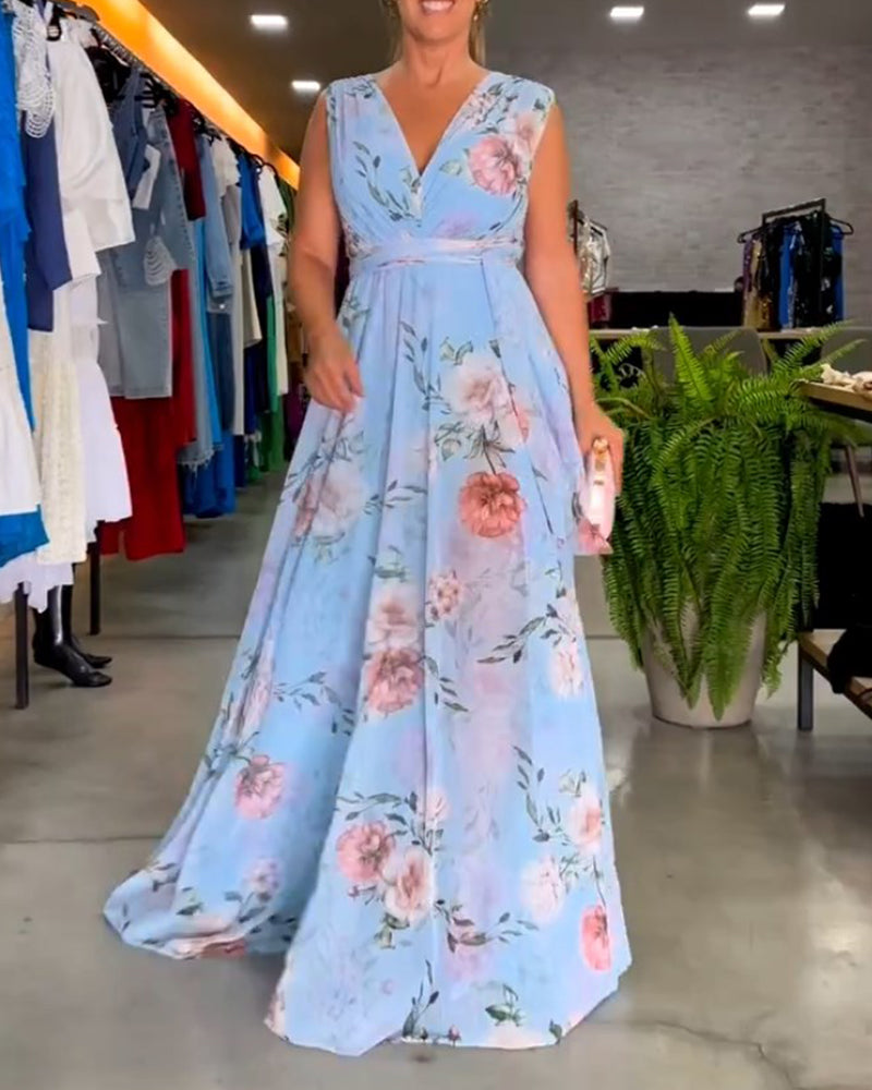 Robe élégante sans manches à col en V et imprimé floral