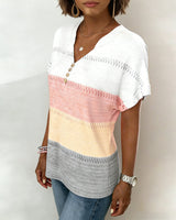 Tee Col V Panachage De Couleurs Manches Courtes