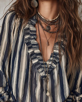 Blouse Profond Col V Rayures Verticales Loose