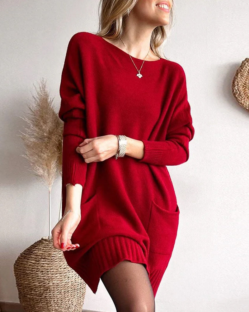 Robe pull décontractée de couleur unie avec col ras du cou et poche