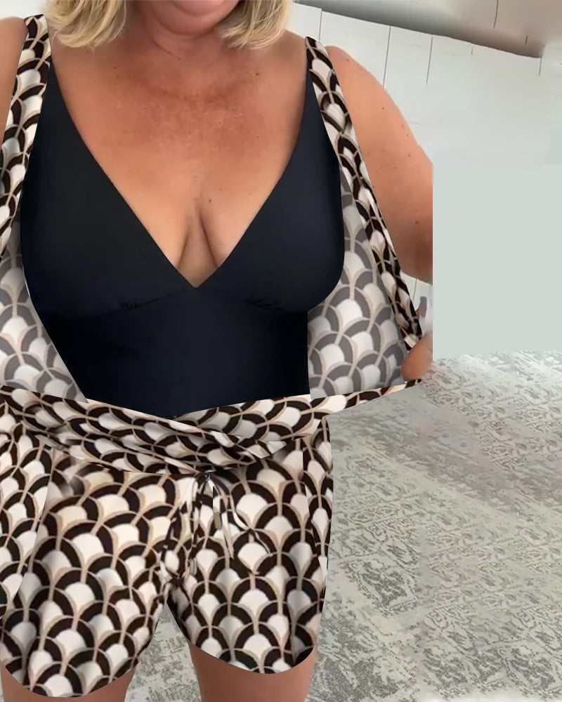 Costume de Bain Géométrique en Deux Parties Sans Manches