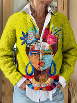Gilet avec impression artistique de portrait peint et boutons