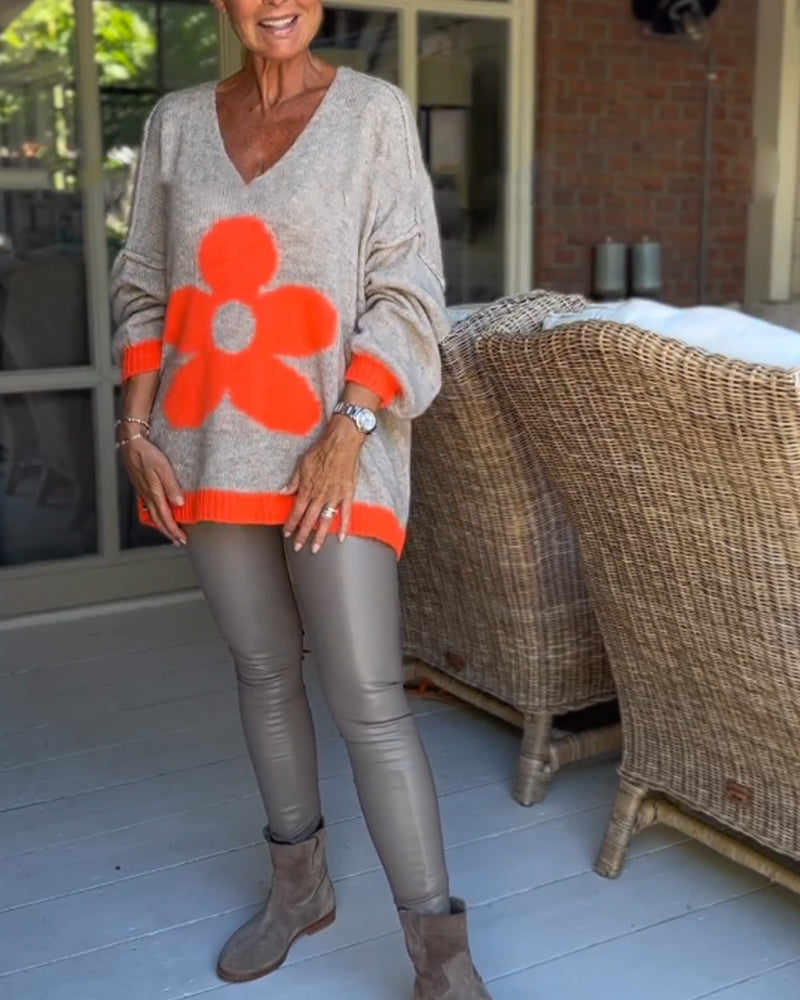 Pull col V à motif fleuri