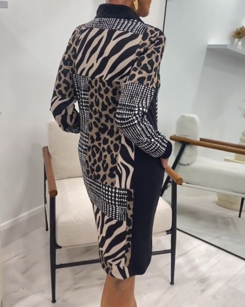 Robe élégante à imprimé léopard avec poche zippée et patchwork