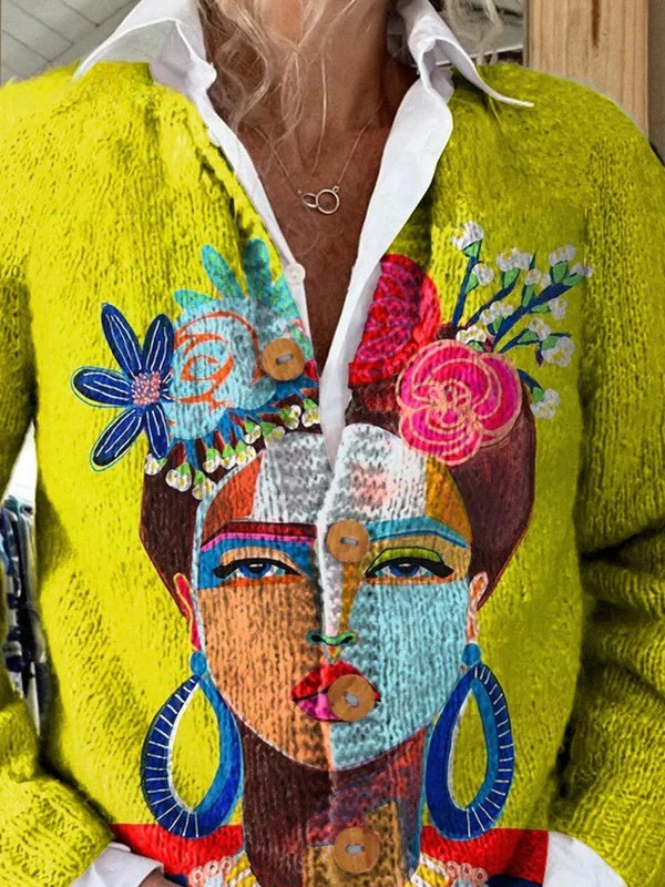 Gilet avec impression artistique de portrait peint et boutons