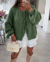 Cardigan à lacets de couleur unie de style paresseux
