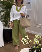 Top Simple avec Col Rond, Couleur Uni et Manches Longues