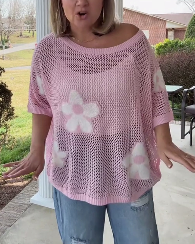 Pull Col Rond Grande Fleur Creuse