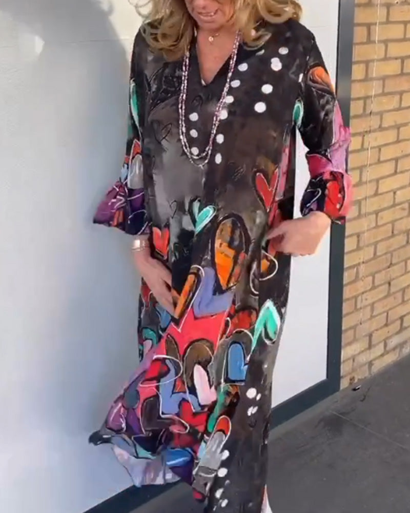 Robe à col en V à imprimé cœur avec manches longues