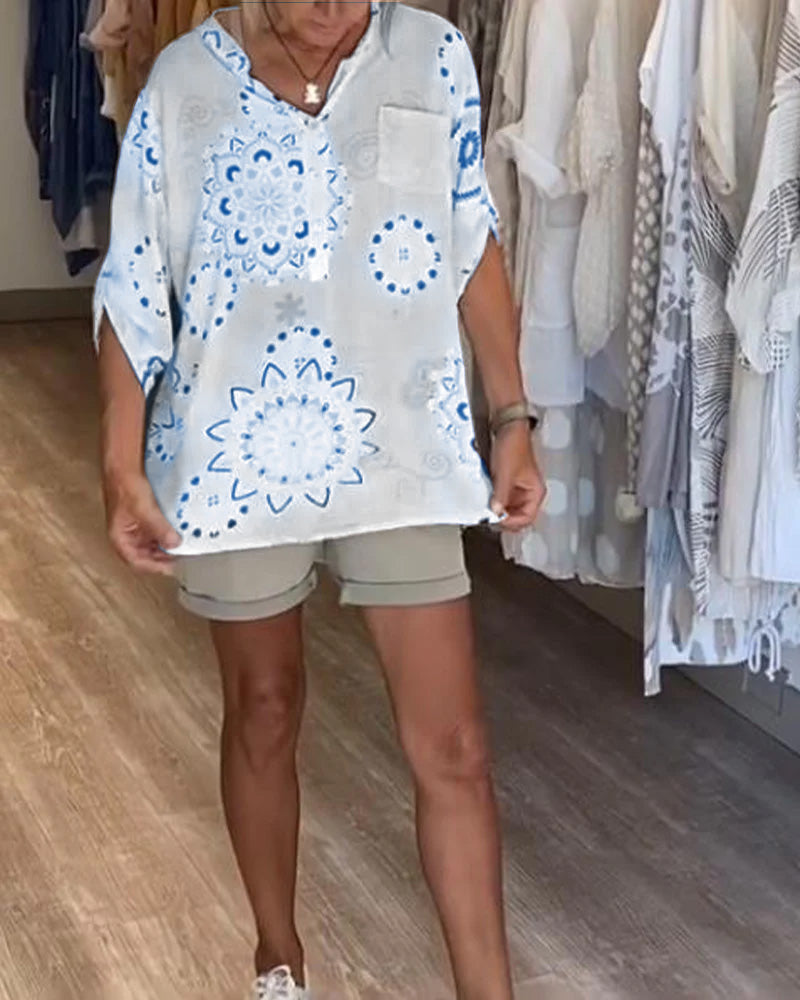 Blouse Polyvalente Col En V Imprimée Manches Mi-Longues