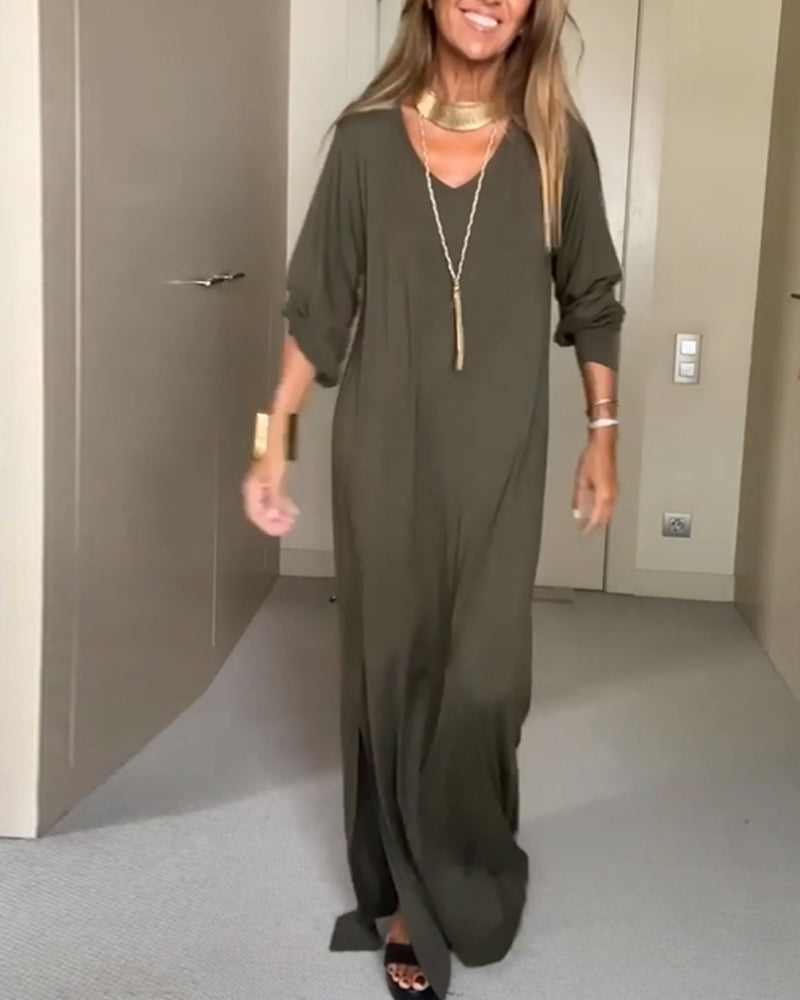 Robe décontractée à col en V de couleur unie