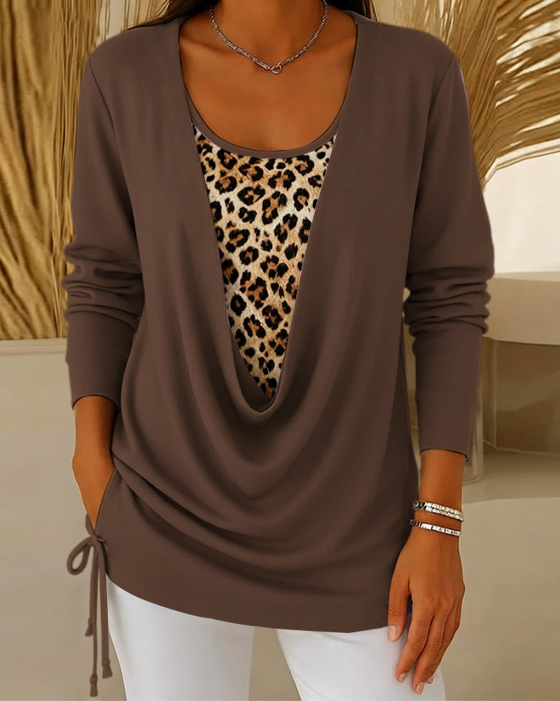 T-shirt faux deux pièces à lacets imprimé léopard