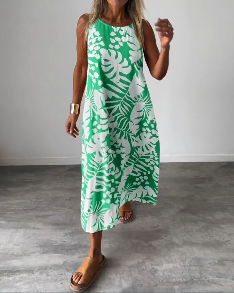 Robe décontractée sans manches à imprimé feuilles