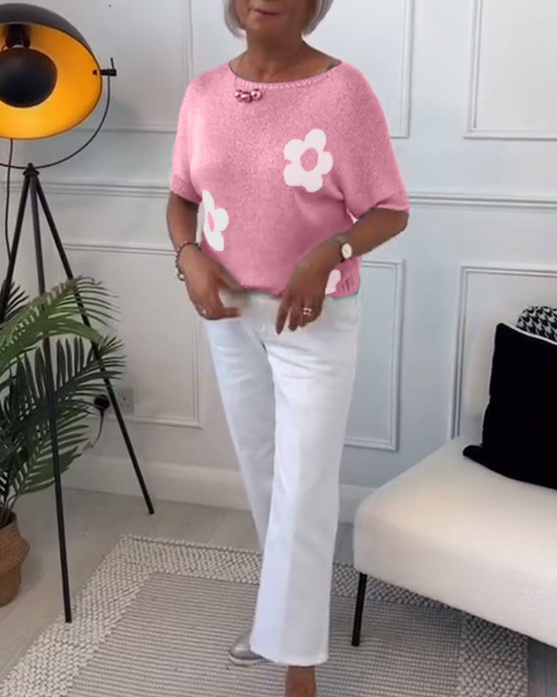 Pull col rond slim fleuri