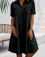 Robe Manches Courtes Col Solide Bouton